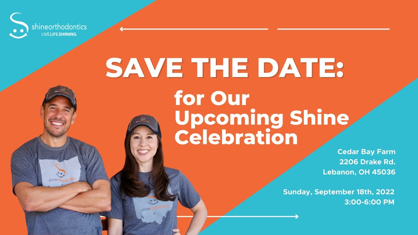 Man and woman smiling with text "Save The Date: for our upcoming Shine Celebration" with address and date 